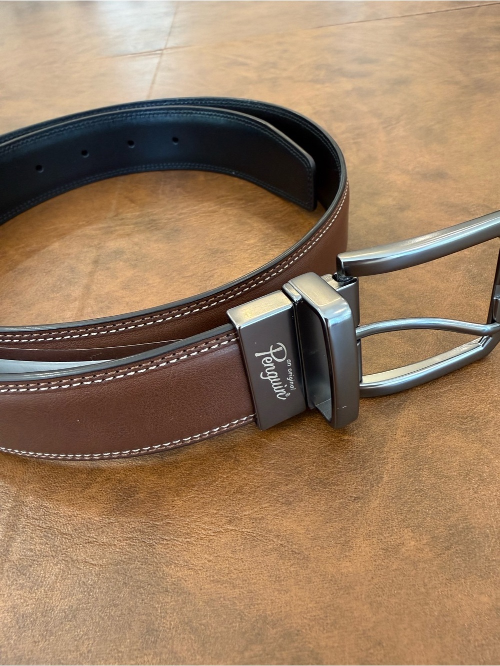 NEW Original Penguin Brown Leather Belt w/ Gunmetal Buckle - Men’s Size Waist 32